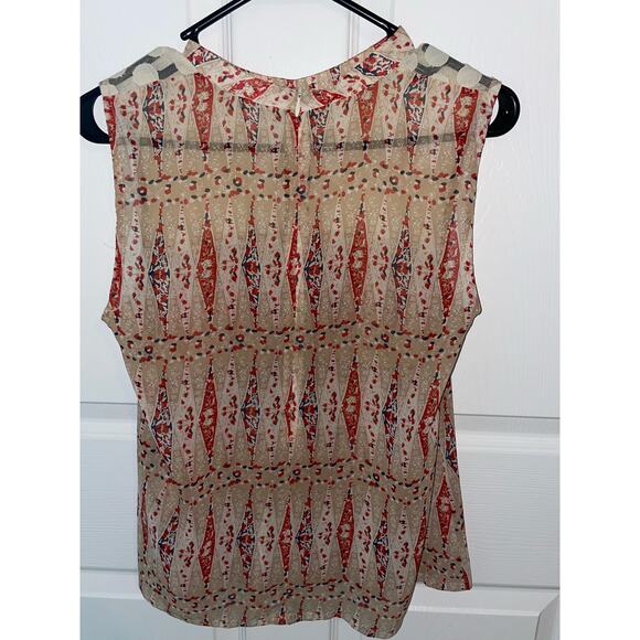 Tulle short sleeved top Medium Tan/Navy/Red colors beautiful tulle insert - Picture 2 of 14